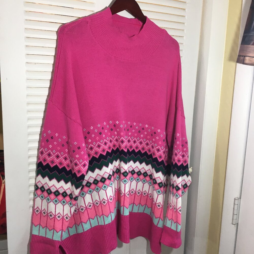 Sz xxl Crown & Ivy mock neck sweater pink fair isle pullover chest 62" vented si